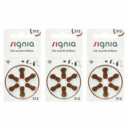 Батарейки Signia для слуховых аппаратов 312 (PR41), 3 блистера (18 батареек)