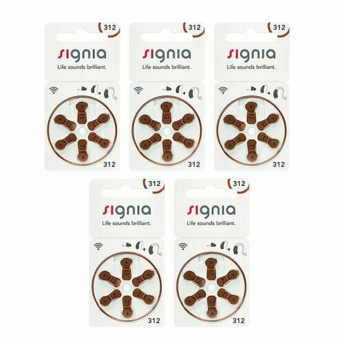 Батарейки Signia для слуховых аппаратов 312 (PR41), 5 блистеров (30 батареек)